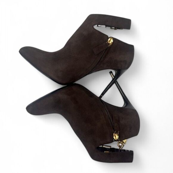 TOM FORD Brown Suede Almond Toe Padlock Ankle Strap Booties Size EU38.5 - Picture 11 of 14